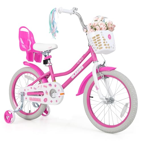 Image of Olakids Kids Bike, 12 14 16 18 20 Inch Girls Bicycle with Doll Seat Basket Adjustable Seat and Handlebar, Handbrake and Coaster Brake