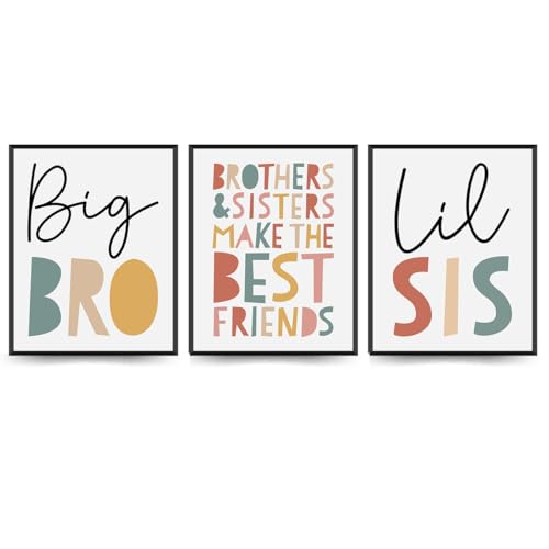 Image of ETVISO Nursery Big Bro Lil Sis Wall Art Set of 3, Kids Room Wall Art, Sisters Brothers Prints, Play Room Decor for Kids, 8x10 (Unframed)