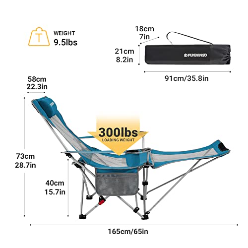 Fundango Reclining Camping Chair With Foot Rest, Portable Mesh Folding Lounge Chairs, Adjustable Chaise Lawn Chair With Headrest, Cup Holder, Storage Bag, For Outdoor Picnics Bbq, Teal #TOP2