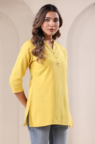 Image of Janasya Women's Light Blue Linen Cotton Solid A-line Top