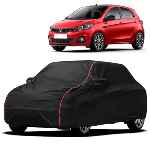 Image of Waterproof Car Cover for Tata Tiago | All-Weather Protection, Dustproof & UV Resistant | Triple Stitched Mirror Pockets, Windproof Buckle Strap with Elastic Hem, Black-Red Piping