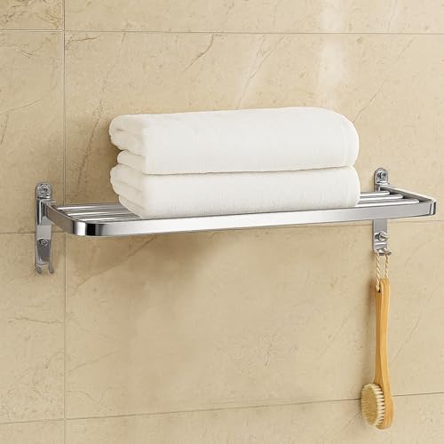 Image of Zureni Folding Towel Rack for Bathroom with Multipurpose Hooks Wall Mount Hanger Bar Shelf Accessories and Fittings Stand Home Kitchen Washroom (Pack of 1, Silver, 1025)