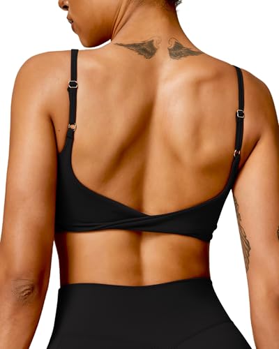 Image of QUOJIZY Sports Bras for Women Open Back Workout Tops for Women Yoga Bra Spaghetti Straps Twist Back