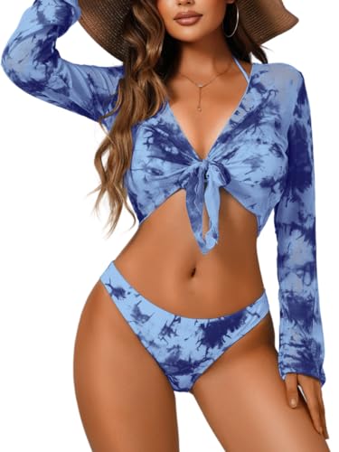 Sexy Bikini with Cover Up,Tie Dye Cheeky Swimsuits for Women,3 Piece Bathing Suit Beach Vacation