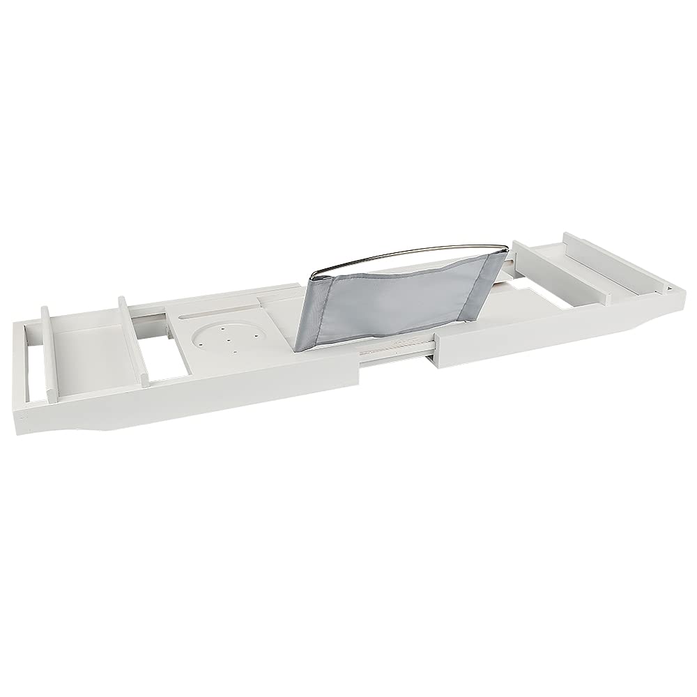 Mensola per vasca da bagno, in bambù, retrattile e regolabile (con portasciugamani), 70-105 cm x 23 x 3 cm, utilizzato per riporre il bagno (bianco)