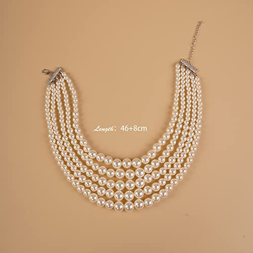 Yertter Vintage 1920S Pearl Necklace Earrings Bracelet Set Multi Layered Strand Chunky Pearl Choker Statement Collar Neck Hand Accessories Gift For Her (A) #TOP5