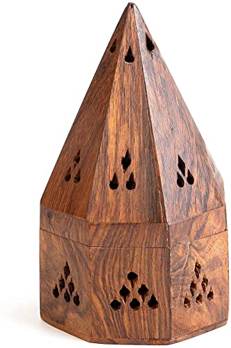 Dinil - 5 Inch Temple Wooden Charcoal / Cone Burner - Top Cone Shape, Handcrafted Wooden Incense Burner Box Temple Shape #TOP3