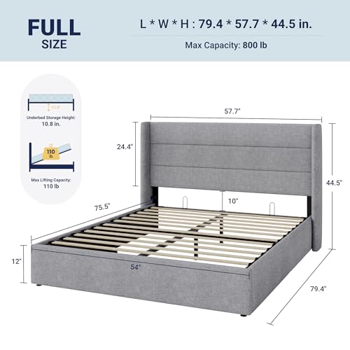 Image of Allewie Full Size Lift Up Storage Bed, Modern Wingback Headboard, Hydraulic Support, No Box Spring Needed, Light Grey