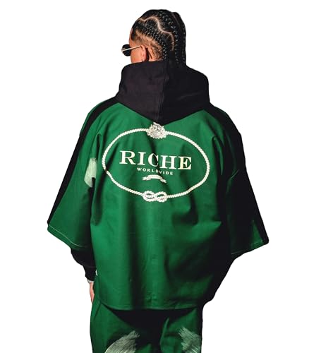 2-Piece Streetwear Set – Men’s French Terry Hoodie & Poly-Twill Woven Shirt with Printed Graphics Black/Green2