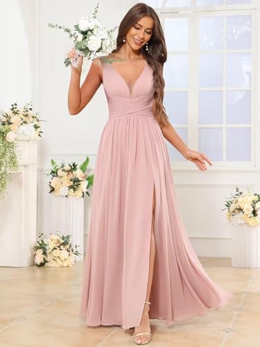 Chiffon Bridesmaid Dresses for Women - Chiffon V Neck Sleveless Ruched Formal Evening Dress with Silt4