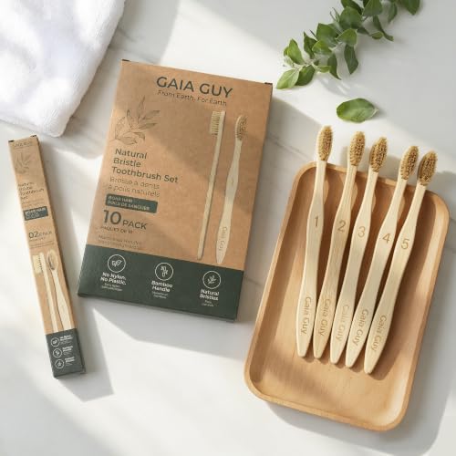 Gaia Guy Boar Bristle Bamboo Toothbrushes – 10 Pack Natural Bristle Toothbrush Set, Plastic-Free & Nylon-Free, Numbered Bamboo Handles, Medium Boar Hair Bristles for Adults & Families — view 2