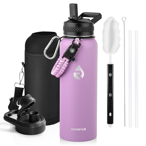 Image of RAYMYLO Insulated Water Bottle 40 oz, Triple Wall Vacuum Stainless Steel (Cold for 36Hrs, Hot for 18Hrs), Leak Proof & Non-BPA, Modern Water Flask Jug with Paracord Handle & Straw Spout Lids