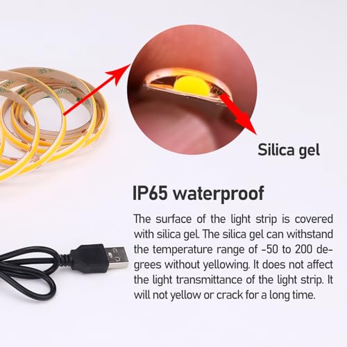 Image of DC 5V USB COB Orange LED Strip Light Dimmable IP65 Waterproof 6.6ft /2M | USB Powered 640LEDs with Dimmer High Brightness Flexible LED Tape Lights