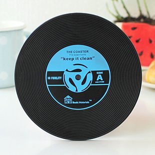 HOCUS Silicone Cup Mat with High Heat-Resistance, 2 Pcs Cute Durable Silicon Coaster Hot Cup Holder, LP CD Design, Vinyl-Look Bottle Mat, Set of 2 Non-Slip Drink Placemat (2, Blue)