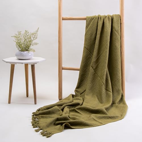 Image of Pure Cotton Hand Woven Sofa Throw | Handmade 50x60 Inch Solid Throw Blanket | Soft Throw for Living Room, Bed, Couch and Chair Throw | Reversible and Breathable (Olive-Green)-200 TC