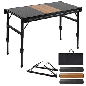 Folding Table, Outdoor Folding Camping Table with Adjustable Legs, Lightweight Roll Up Aluminum Camp Table with Carrying Bag, for Indoor & Outdoor Party, Picnic, Beach, BBQ