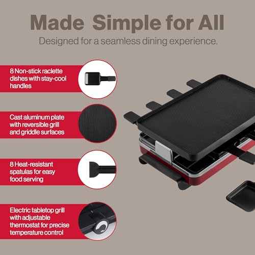 Image of Swissmar Classic 8-Person Raclette Party Grill with Reversible Cast Aluminum Non-Stick Grill Plate /Crepe Top, Indoor Electric Raclette Grill & Griller - Black Grill Plate - Red