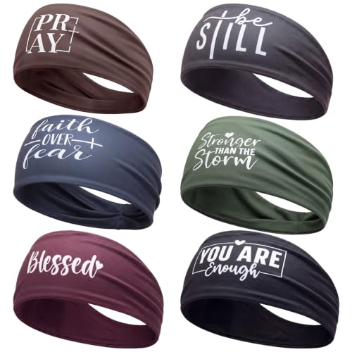 Image of 6 Pcs Inspirational Christian Headbands Athletic Sweatband for Men Women with Motivational Quotes Religious Moisture Wicking Head Bands for Running Yoga Cycling Gym Tennis Football