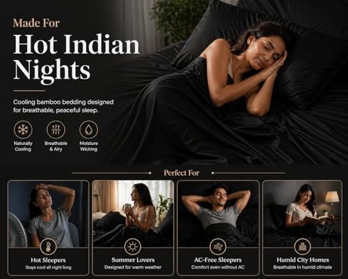 Image of Noare Luxury Bamboo Bedsheet Set - King Size, Mattress Fit, Ultra Soft Cooling Fabric, Oeko-TEX Certified, Skin-Friendly, Breathable & Durable | 1 Bedsheet + 2 Pillow Covers in Noir Black.
