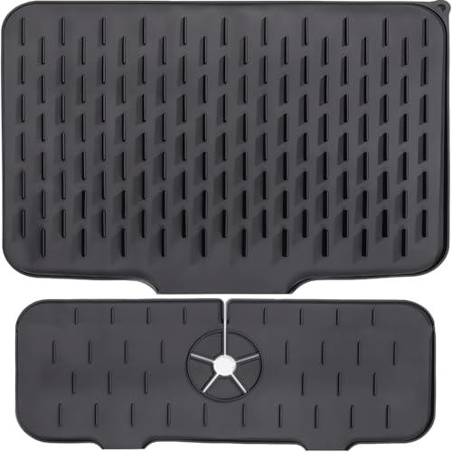 Dish Drying Mat for Kitchen Counter with Built-in Drain Lip and Kitchen Sink Splash Guard, Food-Grade Silicone, Easy Clean Pad for Countertop Protection, Multi-Functional Use, 2pack (Black, Large)
