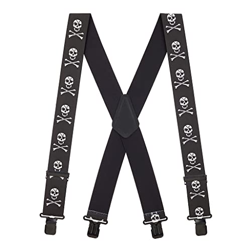 Suspender Store Novelty Skull & Crossbones Suspenders - 1.5-Inch Wide Elastic - X-Back - Clip - 48