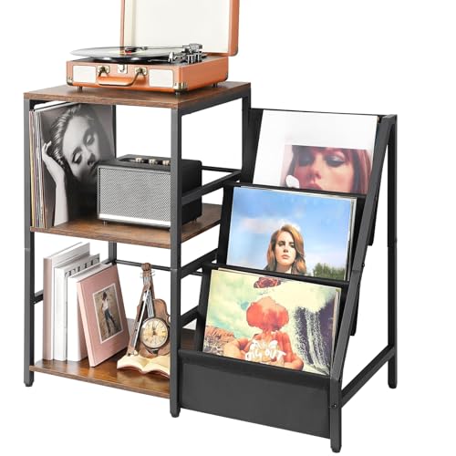 Stojak na płyty winylowe z 3-poziomowym schowkiem, elegancki stolik pomocniczy i szafka na muzykę do salonu, pomieści do 200 albumów, stylowa organizacja domu