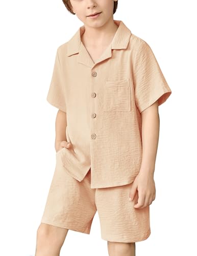 Image of Arshiner Boys 2 Pieces Summer Beach Outfits Short Sleeve Button Down Shirts and Shorts Vacation Texture Sets for Kids