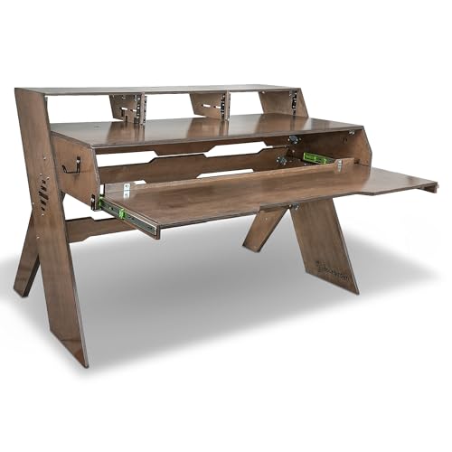 Sound Town Durable Plywood Studio Workstation Desk with 3 x 3U Rack Bays, Adjustable Top Shelf, Slide-Out Controller Keyboard Tray, Weathered Brown (SDRK-PF60)