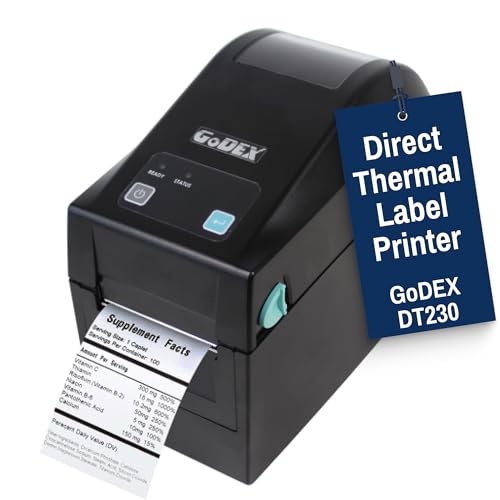 Image of McAuley Labels GoDEX DT230 Direct Thermal Label Printer - Small Barcode & Ingredient Labels Printer - 2 inch (58 mm), 300 DPI High-Resolution, USB /Serial /Ethernet