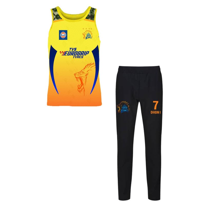Image of CSK thala Dhoni 7 Official Cricket Team Jersey with Black Shorts for Boys and Men(14-15Years,Multicolor-8)