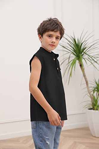 Mafulus Boys Button Down Sleeveless Linen Shirt Crewneck Loose Fit Casual Summer Tank Top 3-14 Years Black #TOP2