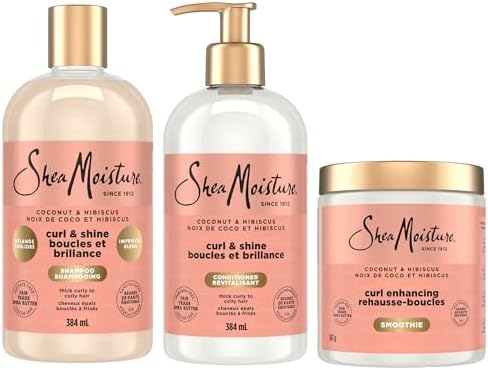 Shea Moisture Coconut & Hibiscus Shampoo, Conditioner & Curl Enhancing Smoothie To Cleanse & Restore Shine Hair Care Pack Formulated Without Sulfates, Silicones, Parabens, Phthalates, Mineral Oil or Petrolatum 3 Pack
