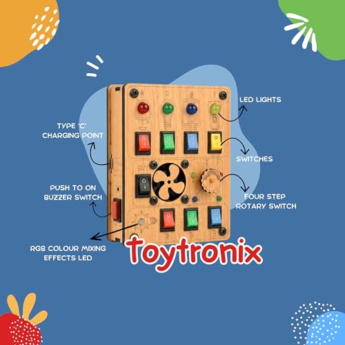 Image of Wooden Busy Board for Toddlers 1-4 Years | Rechargeable Sensory Toy with LED Lights, Fan, Vibration & Buzzer | Montessori Activity Learning Toy for Kids