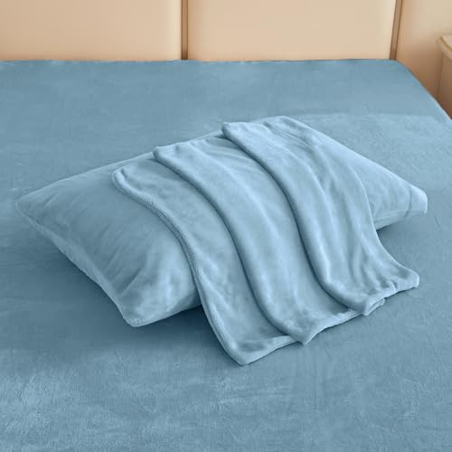 Image of Viviland Plush Micro Fleece Bed Sheet Set - Soft Fuzzy Polar Fleece Velour Velvet Sheets - Extra Warm Winter Fleece Bed Sheets with Deep Pocket - Light Blue - King | Soft Flannel-like Fleece, 100% Polyester, Fluffy Velvety Feel, 200GSM, 15 inch Deep Pocket, Warm Winter Gift & Decor