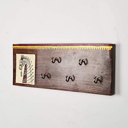 Image of Artysta 'Horse on Plank' Wooden Key Holder | Wall Stylish Decorative Keychain | Key Hold Hanger for Home Decor | Key Orgainzer | Handmade Painted Key Hanger | 5 Key Hooks | Housewarming Gifts