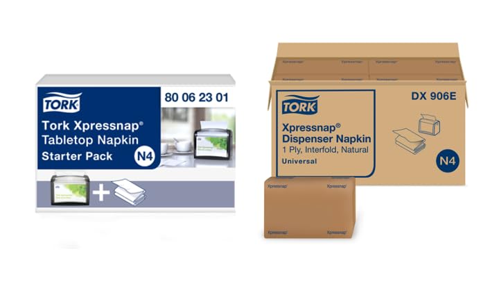 TorkXpressnap Tabletop Napkin System - Starter Pack Black N4, Dispenser & 500x Napkins, 80062301 + Tork Natural Dispenser Napkin N4, Universal, Interfold 1-ply, 13"" x 8.5"", 12 x 500 napkins, DX906E