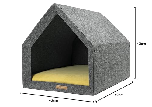Rexproduct - PetHome Hundehütte mit Liegefläche und Dach I Biss- und Kratzfest I Gute Schalldämmung I Umweltfreundlich & Einfach zu Montieren I Größe S (60x42x43 cm) - Dunkelgrau und Gelb