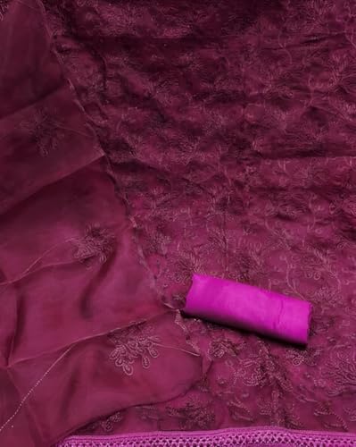 Image of StyleScope Women's Organza Embroidered Unstitched Salwar Suit Dress Material With Embroidery Work Dupatta (DM Plannttt Free Size)