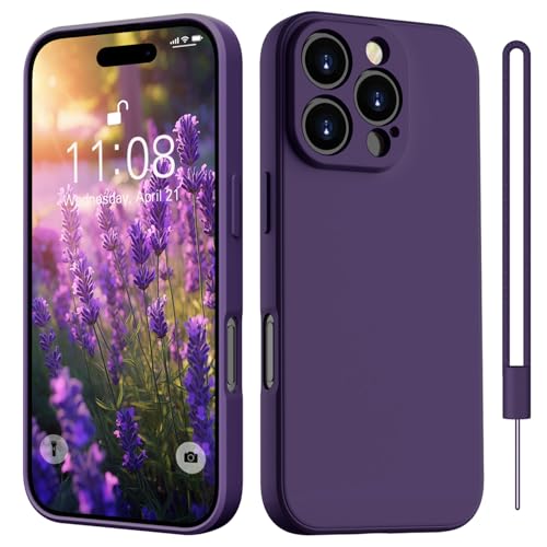 Coque silicone iPhone 16 Pro Max anti-rayure violette avec cordon