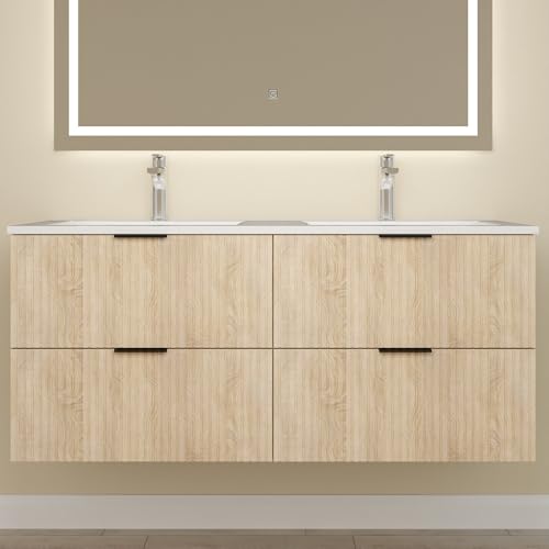 Biubiubath Ensemble Meuble de Salle de Bain Suspendu 120 cm Chêne avec 4 tiroirs + Vasque Double en céramique