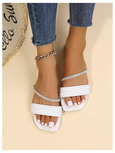 Image of GORGLITTER Women's Rhinestone Sparkly Flat Sandals Glitter Strappy Wedding Braided Prom Leather Square Toe Slide Shoes