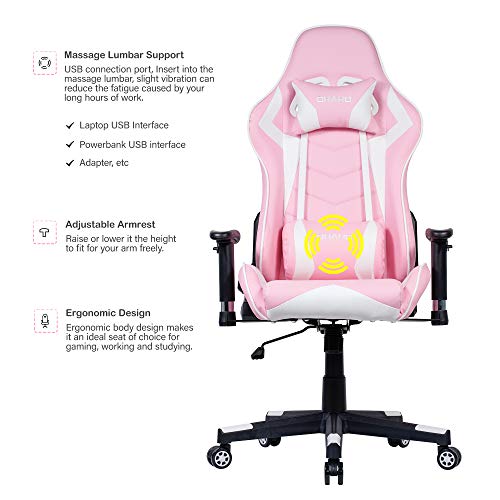 Ohaho Gaming Chair Racing Style Office Chair Adjustable Massage Lumbar Cushion Swivel Rocker Recliner Pu Leather High Back Ergonomic Computer Desk Chair With Retractable Armrest (Pink) #TOP1