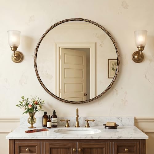 Image of ANDY STAR Hand-Forged Bronze Round Bathroom Mirror, 32 Inch Antique Oil Rubbed Bronze Circular Mirror, Solid Steel Hammered Frame, for Wall Decor, Vanity, Entry, Fireplace, Mantle
