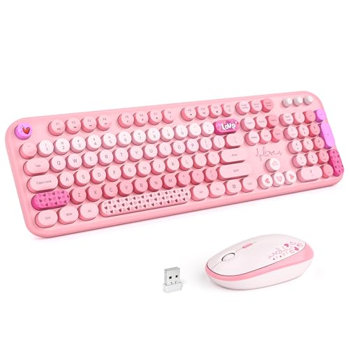Image of Wireless Keyboard and Mouse Combo, MOWUX Full Size Typewriter Retro Round Computer Keyboard, Cute Optical Mouse Wireless, Plug and Play, for Laptop, PC, Computer- Pink Heart