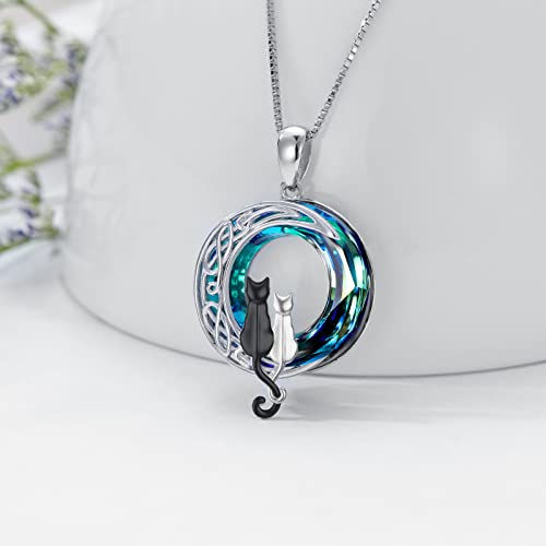 TOUPOP Cat Gifts for Cat Lovers One Two Three Four Cats Necklace Sterling Silver Cat on the Moon Pendant Necklace with Blue Circle Crystal Birthday Christmas Celtic Jewelry Gifts for Women2