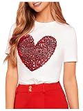 SweatyRocks Women's Casual Short Sleeve Round Neck Tee Cute Sequins Heart Pullover T Shirt White S