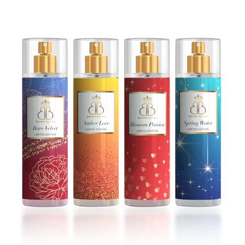 Image of BROWN BUTTER- Body Mist For Women & Men Perfume | Long Lasting fragrance | Instant Mood Lifter | Cruelty Free | 200 ml Spring Water, Bare Velvel, Amber, Blossom- Pack Of 4
