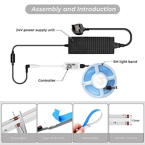 INDARUN RGBW Cob Led Strip Light 5m, 24V 5A RGBW WiFi Led Strip Set including APP Control - Image 2