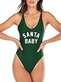 HYTENSUN BAE Watch Brief Print einteiliger Rücken Kreuz hoch geschnittener Badeanzug für Frauen, Grüner Weihnachtsmann-Baby, XX-Large