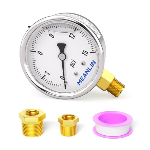 MEANLIN MEASURE 0~15Psi Stainless Steel 1/4" NPT 2.5" Single Scale FACE DIAL,Glycerin Filled Pressure Gauge, WOG Water Oil Air Lower Mount, with 1/2" NPT and 3/8" NPT Hex Bushing